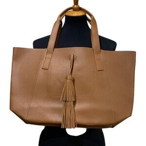 Nice Tanger Basic Cognac Brown Faux Pebbled Leather PVC Large Handbag w Tassel